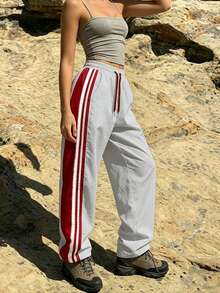 Women's Sports Long Pants, Dual Side Pockets, Straight Leg Summer Lightweight, Elastic Waistband With Drawstring Design, Contrast Stripe Design Autumn - Light Grey - View 7