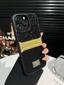 1pc Black Rhinestone + Seed Bead Solid Color Rhinestone Anti-Drop Spray Painted Phone Case Compatible With 17promax/18pro - Black - View 4