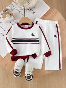 2pcs Baby Boy Minimalist Sporty Knight Logo Striped Colorblock Crew Neck Long Sleeve Sweatshirt And Straight Leg Pants Set, Suitable For Daily Casual Wear In Spring And Autumn - White - View 4