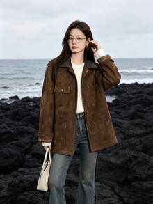 Jaket Kancing Depan Bahan Suede Beludru Gaya Gudang Vintage Maillard Warna Cokelat, Kasual untuk Kantor, Sehari-hari, Musim Dingin - Coffee Brown - View 6