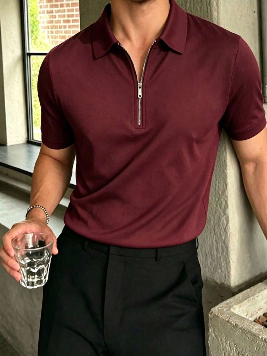 Camisa polo de manga corta de unicolor, de media cartera, casual y versátil para el trabajo diario para hombres
