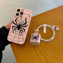 5件組吸睛粉黑蜘蛛網圖案手機殼 + 充電頭保護套 + 線材保護套 + 收納繩 TPU 防摔保護殼，適用於 Apple 17 16e 16 15 14 13 12 11 Mini Pro Max Air X XR XSMAX 8 7 Plus，防摔磨砂背蓋，智慧型手機保護殼，日常使用，時尚手機配件，創意設計，UV 印刷設計，時尚保護殼，適合時尚愛好者與音樂愛好者，生日禮物首選 - 彩色 - 查看 4