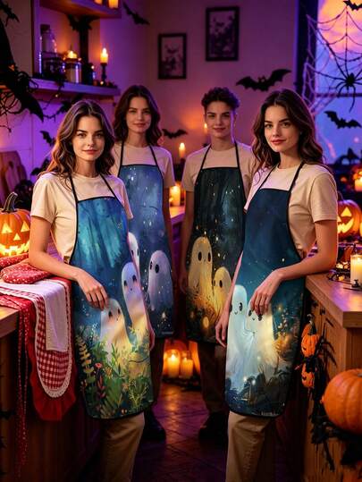 2/4 Delantal Vintage con Gráfico de Fantasma del Bosque Mágico Nocturno, Delantal con Correa de Cuello Resistente al Aceite, Delantal Suave Kawaii de Halloween para Repostería en Casa y Floristería