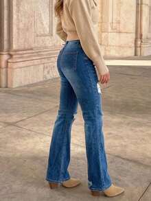 Women's Minimalist Distressed Stretch Flare Leg Denim Jeans - Dark Wash - View 4