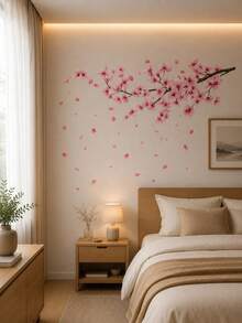 1pc 30*60cm Romantic Cherry Blossom Wall Sticker, Cozy Bedroom Background Wall Decor, Girl's Room Self-Adhesive Waterproof Wall Decoration Sticker - Multicolor - View 1