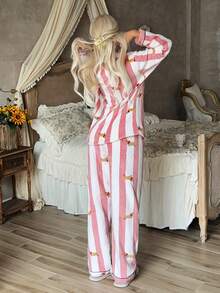 2pcs/Set Women's Winter Striped Dachshund Pattern Plush Thickened Thermal Lined Long Sleeve Top And Long Pants Pajama Set - Pink - View 2