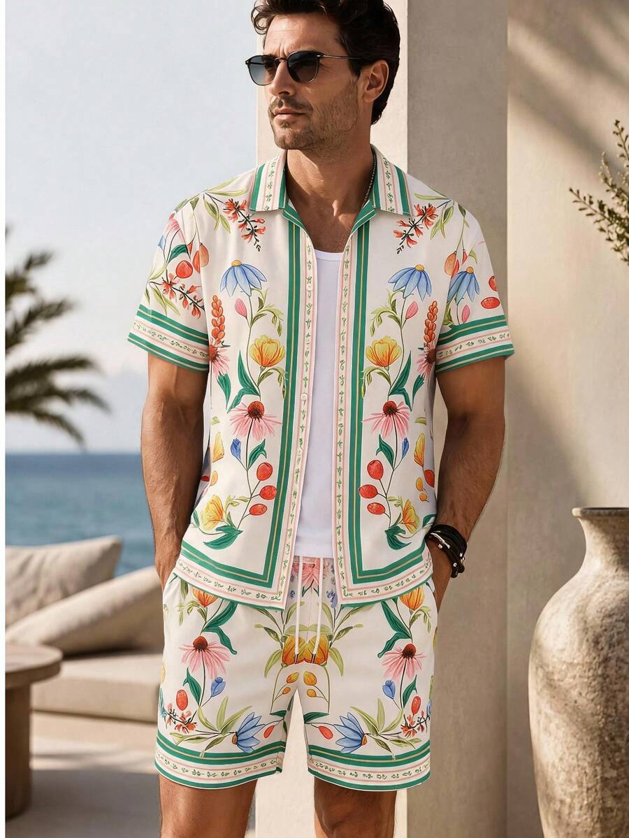 Men's Old Money Style Summer Vacation Floral Print Shirt Set - Multicolor - View 1