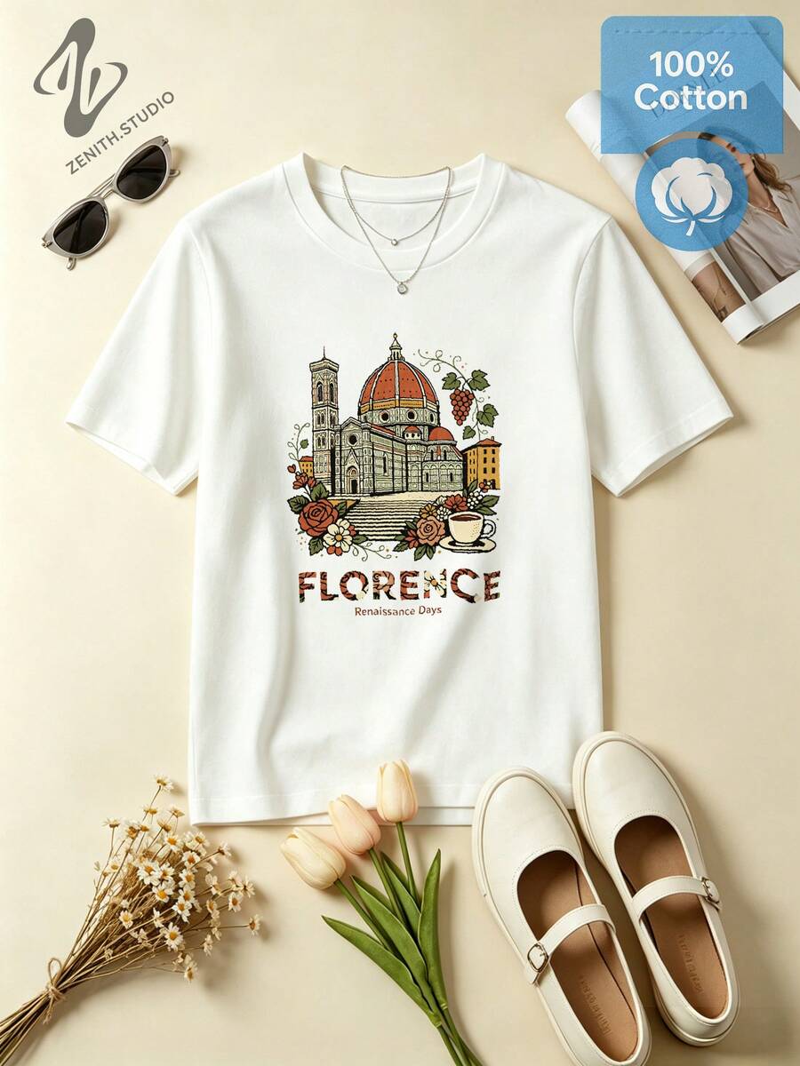 Florence Renaissance Cathedral Print Cotton Graphic T-Shirt For Sightseeing Vintage Fashion - 白色 - 查看 1