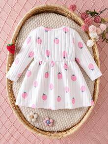Vestido de Manga Longa Canelado com Estampa de Morango Rosa para Bebê Menina, Primavera/Outono, Vestido de Princesa com Babado, Manga Borboleta e Laço Grande, Roupa Macia, Fofa e Doce para Recém-Nascidos, Roupa para Passeio de Outono, 6-9M; 9-12M; 12-18M; 18-24M; 2-3Y - Branco - Visão 3