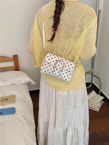 波點 PU 肩背包，皮帶扣翻蓋半圓形斜挎包，適合女性、年輕女性、大學生，適合購物 - 白色 - 查看 3