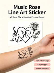 1pc INS Black Line Musical Note Rose Tattoo Sticker, Heartbeat & Staff Design, Gentle Vibe Body Decoration For Forearm And Collarbone - Multicolor - View 7