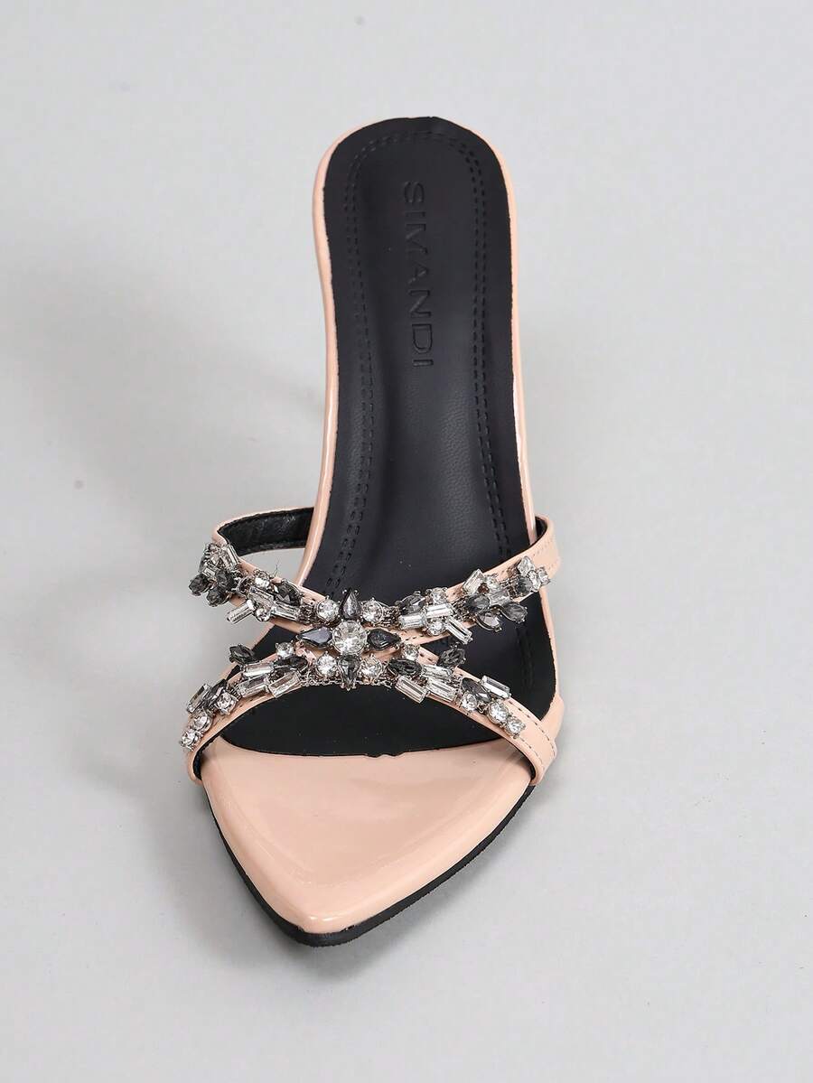 2026 Women's New Almond Glossy Pointed Toe Criss-Cross Rhinestone Stilettos Stiletto Heel Mule Sandals, Luxury High Heel Slippers For Party And Date - Apricot - View 1