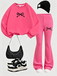 2pcs Girls Outfit, Bow Print Sweatshirt And Flare Pants, Soft Fabric Casual Streetwear - Hot Pink - View 1