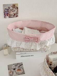 1pc Floral Lace Fabric Storage Basket Sweet Gentle Style Mother-Daughter Set Foldable Bedroom Dormitory Desktop Cosmetics Small Items Digital Products Organizer Container Home Decor Gift - View 5