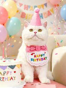 2pcs Cute Pet Birthday Party Set, Embroidered Bib And Adjustable Pom Pom Cone Hat, Pet Photography Props Accessories, Suitable For Small And Medium Cats And Dogs, 6 Colors Available, Cat And Dog Birthday Decoration Supplies - Multicolor - View 16