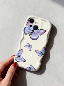Creamy Dopamine Wavy Ruffle Soft TPU Texture, Creative Personalized Milk White Gradient Purple Butterfly Pattern Phone Case Compatible With Galaxy S21 S22 S23 S24 S25 S26/Honor/ And Other Models - White - View 5