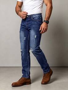 Men's 4-Way Stretch Slim Tapered Water Ripple Washed Soft Touch Distressed Jeans - Blue - View 5