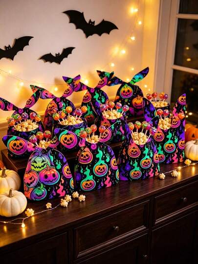 50入萬聖節禮物袋 Happy Halloween 糖果袋，萬聖節南瓜塑膠禮物袋大包裝，可愛兔耳糖果禮物袋，適用萬聖節派對裝飾、派對伴手禮、生日用品