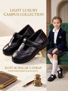1 Pair Elegant Vintage Girls' Black T-Strap Brogue Mary Jane Flats, Hook & Loop School Daily Formal Princess Shoes, British Academy Style Dress Shoes, Back To School Fashion Kids Shoes - Black - View 2