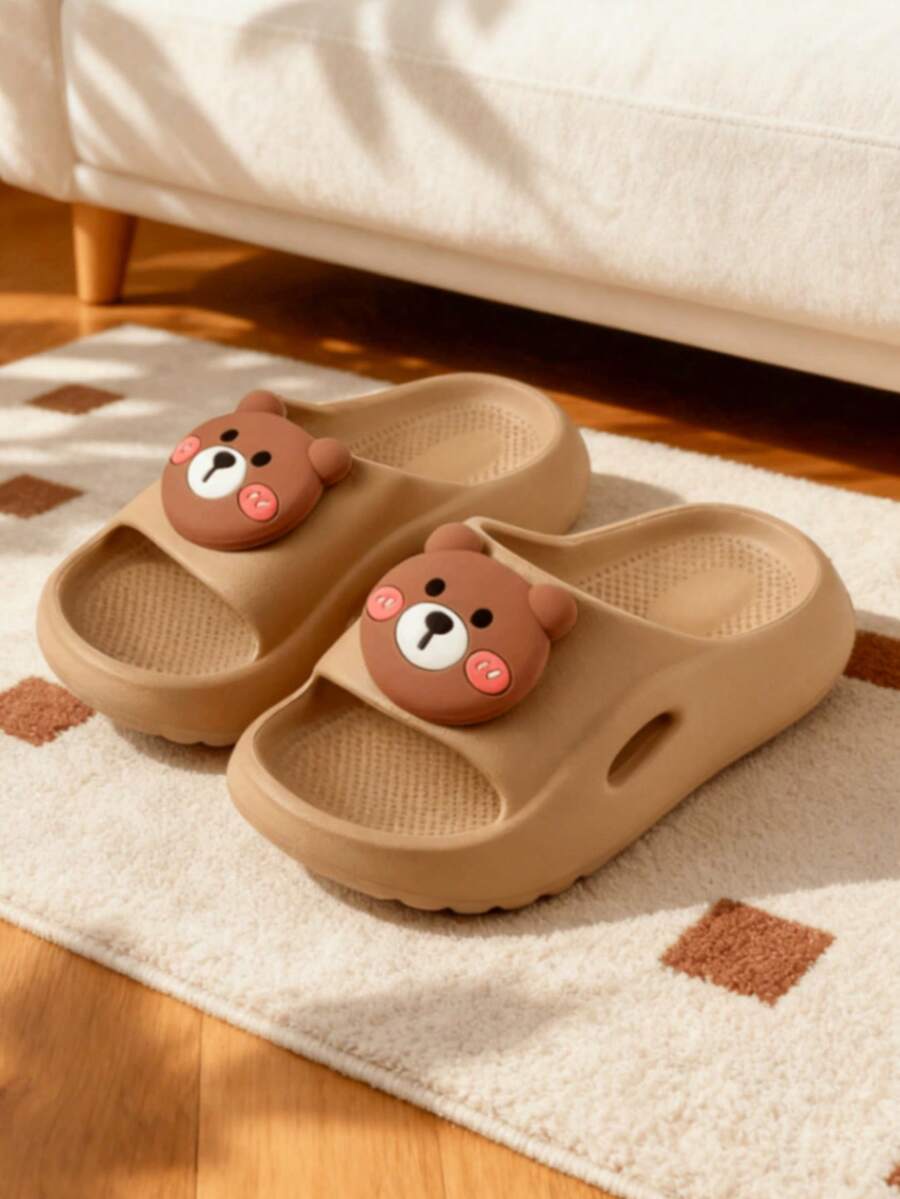 HAHABOBO Kids 3D Blush Bear Decor Platform Slide Sandals, Summer EVA Slippers For Home Daily Wear - Khaki - View 1