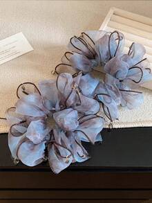 1pc Gray Blue Mesh Flower Pendant Hair Scrunchie, Soft Fairy Fluffy Large Hair Tie For High Ponytail Bun, Spring Summer Commute Date Hair Accessory - Multicolor - View 4