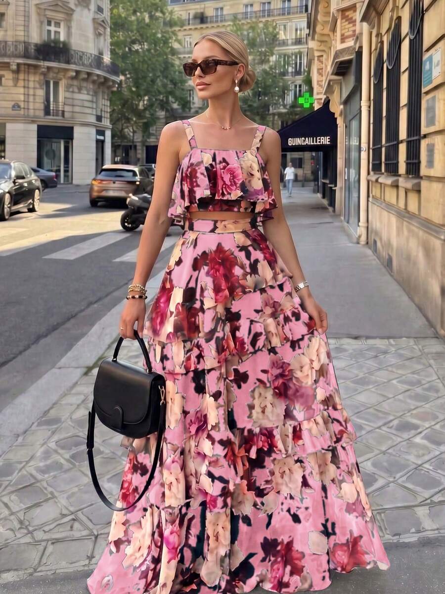 Spring/Summer New Beach Vacation Style Printed 2-Piece Set, Ruffle Camisole Top & Cake Skirt, Polyester Material Pink - Pink - View 1
