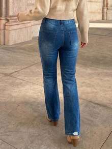 Women's Minimalist Distressed Stretch Flare Leg Denim Jeans - Dark Wash - View 2