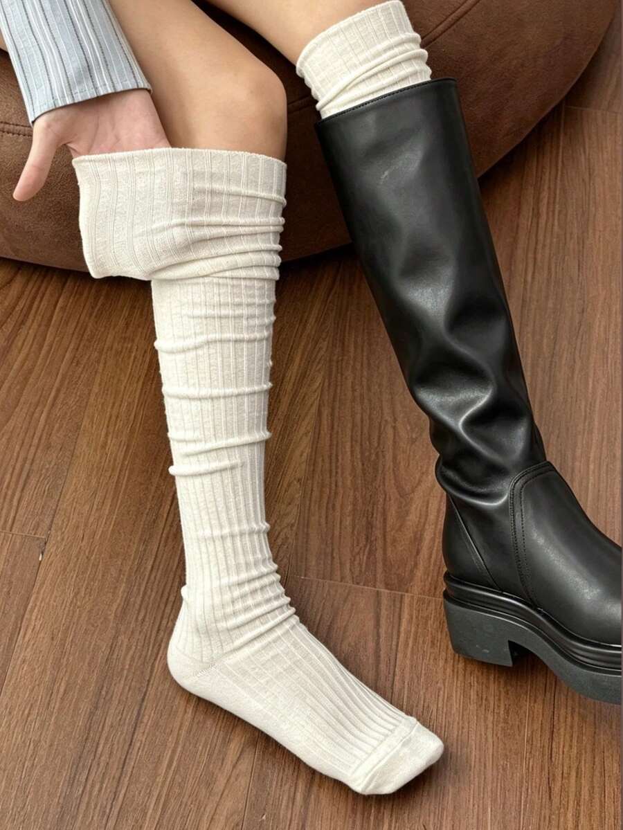 1 Pair Vertical Striped Slouchy Over-The-Knee Socks, Matching Long Boots Socks, JK Fashion Girl Style, Y2K Style, Daily Wear - Multicolor - View 1
