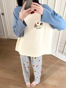 2pcs/Set Women's Pajamas Loungewear Set, Round Neck Pullover Cute Dachshund Dog Print Minimalist Long Sleeve Long Pants, Suitable For All Seasons - Blue and White - View 7