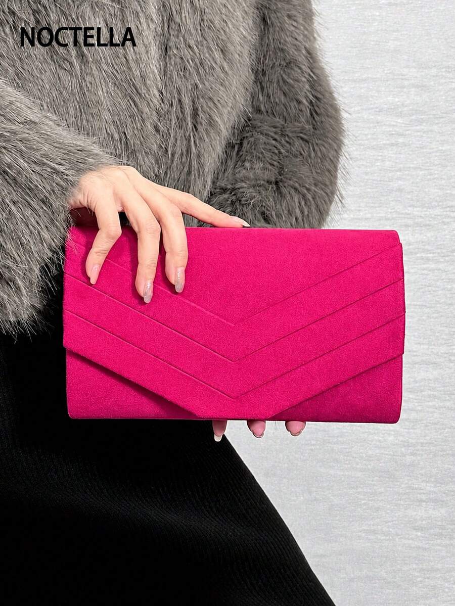 Noctella Rose Red Women's Velvet Evening Clutch, Formal Party Handbag With Chain Shoulder Strap - Hot Pink - View 1