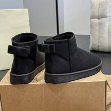 Women's Short Snow Boots With Bow Knot Heel, Minimalist Soft Style Winter Thermal Lined Ankle Boots - Black - View 7
