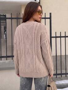 Women's Plus Size Chunky Knit Round Neck Long Sleeve Loose Pullover Sweater - Khaki - View 2