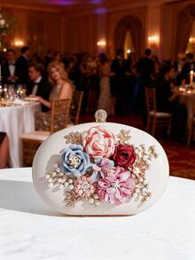 Evening Clutch Bag Fashion Floral Rhinestone Decor Handbag Oval Small Round Bag Shoulder Crossbody Chain Bag Handheld Bag Evening Bag For Women - Apricot - View 3