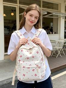 1件開學蝴蝶結印花後背包，大容量校園通勤包，內置筆電隔層，可調節肩帶，休閒輕量旅行後背包，適合女生、年輕學生、大學生、剛畢業新鮮人，適用於日常通勤、短途旅行、短途旅遊、校園通勤與返校 - 2282 - 查看 5