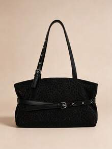 Vintage Black Leopard Print Underarm Tote Bag For Women, Adjustable Shoulder Strap, Leather Belt Decoration, Large Capacity, Commuter Shoulder Bag, Minimalist Versatile Daily Handbag, Suitable For Shopping, Wallet, Young Women, College Students, Newcomers, White-Collar Workers. Perfect For Office, University, Work, Business, Commute, Outdoor Activities, Travel And Outings - Black - View 3