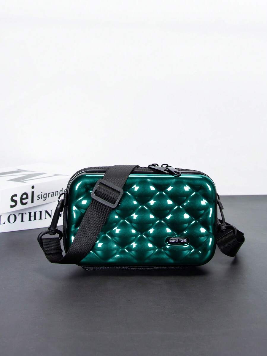Mini bolso bandolera simple con diseño de rombo, bolso de un solo hombro, bolso de carcasa dura resistente al agua de PVC, casual y versátil para hombres - Verde Oscuro - Ver 1