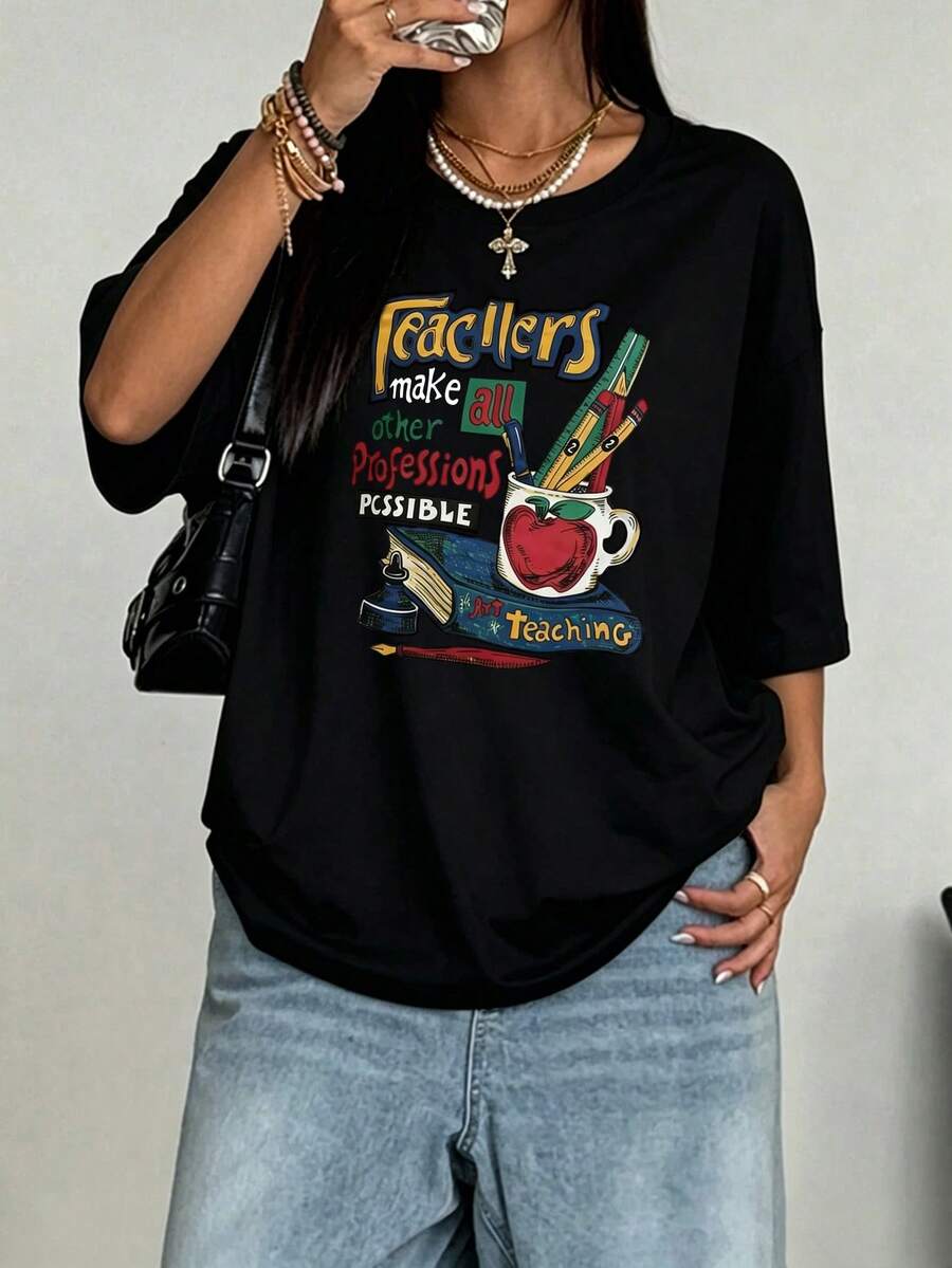 Teacher's Day Pattern Digital Print Fashion Simple Women's Plus Size Long Round Neck Drop Shoulder T-Shirt Friend's Gift Casual Summer Black - Black - View 1