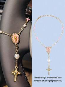 1 pieza Rosario de volante con perlas blancas/rosas, amuleto de coche con la Virgen María y el mal de ojo, adorno colgante interior de coche católico, regalo de decoración de coche femenino para mujeres - Multicolor - Ver 11