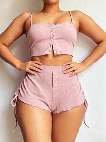 Conjunto de pijama de camiseta de tirantes y pantalones cortos con cordón para mujer, adecuado para primavera, verano y otoño - Rosa - Ver 3