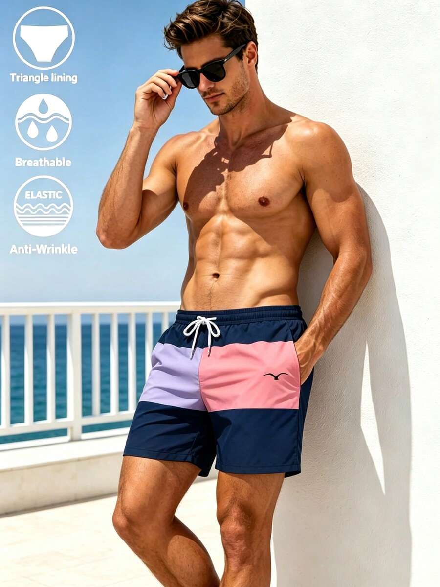 Pantalones cortos casuales de playa para vacaciones con estampado de bloques de color, cintura elástica con cordón, bolsillos inclinados y forro de malla para hombre