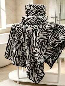 1pc/2pcs Approx. 13*30in/28*55in Thickened Zebra Stripe Coral Fleece Face Towel And Bath Towel, Super Soft, Absorbent, Quick Drying, Suitable For Swimming, Spa, Home Bathroom Shower, Back To School - Black and White - View 5
