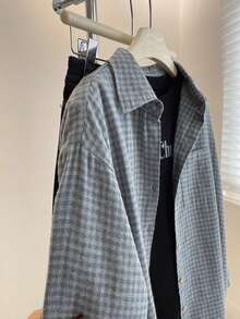 Plus Size Women's Autumn/Winter Brushed Plaid Long Sleeve Shirt - Blue - View 3