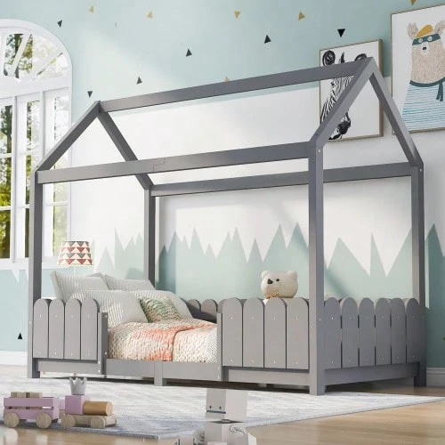 House Bed 90x200 Cm - Versatile Wooden Children's Bed For Boys & Girls - With Safety Rail And Slatted Frame - Grey - View 1
