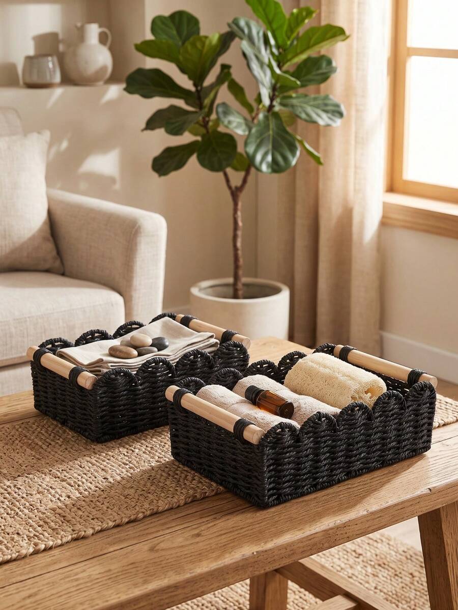 1件編織藤編籃，配木製手柄與紙繩，多用途收納桶，適合日常居家收納，適用於廚房、浴室、臥室、客廳、宿舍與辦公室，理想用於檯面、層架、梳妝台，時尚居家與農舍風裝飾