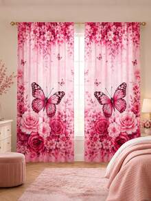 2pcs Butterfly Floral Pattern Printed Curtains, Single-Sided Printing, Semi-Sheer - Rod Pocket Curtains, Bedroom Living Room Kitchen Decor, Multiple Sizes Available, Privacy Protection, Machine Washable, Fade-Resistant Curtains, Bedroom Living Room Kitchen Decor (Rod Not Included) - Multicolor - View 4