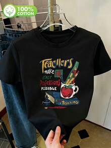 Teacher's Day Pattern Digital Print Fashion Simple Women's Plus Size Long Round Neck Drop Shoulder T-Shirt Friend's Gift Casual Summer Black - Black - View 5