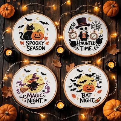 4pcs Vintage Halloween Theme Embroidery Kit Full Set With Embroidery Hoop, Black Cat/Witch/Bat/Gentleman Skeleton Patterns, Zero-Based Handmade DIY Wall Decor Holiday Creative Craft