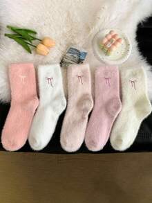 15/10/5/3/1 Pair Bow Pattern Plush Over-The-Knee Socks For Women, Warm And Soft, Suitable For Autumn/Winter, Also An Ideal Gift. Women's Autumn Socks - Multicolor - View 5
