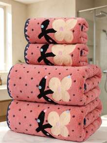 1/2pcs Floral Polka Dot Embroidered Coral Fleece Towel, Super Soft Absorbent Quick Dry, Suitable For Women And Teenage Girls, Face Washing, Bathing, Ideal For Dorm, Apartment, Home Daily Use And Gift. Face Towel 13.77*29.5 Inches, Bath Towel 27.5*55.1 Inches - Multicolor - View 15