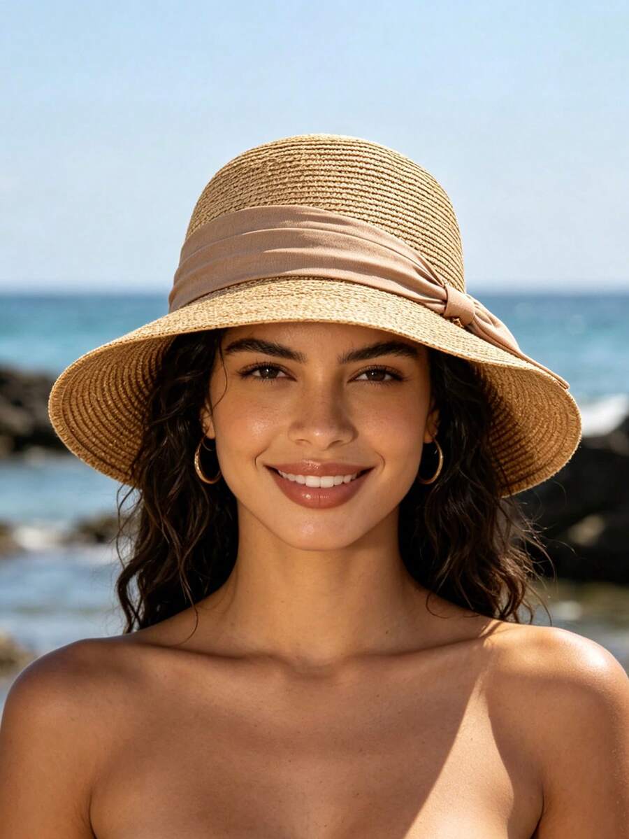 1 pezzo Cappello di paglia da donna colore unito stile casual elegante bohémien, cappello da sole con cima rotonda per vacanze, spiaggia, moda per tutte le stagioni, versatile per il pendolarismo (Se il cappello ha pieghe, si prega di usare un ferro da stiro per lisciarlo e tornerà alla forma originale) - Multicolore - Visualizzare 1